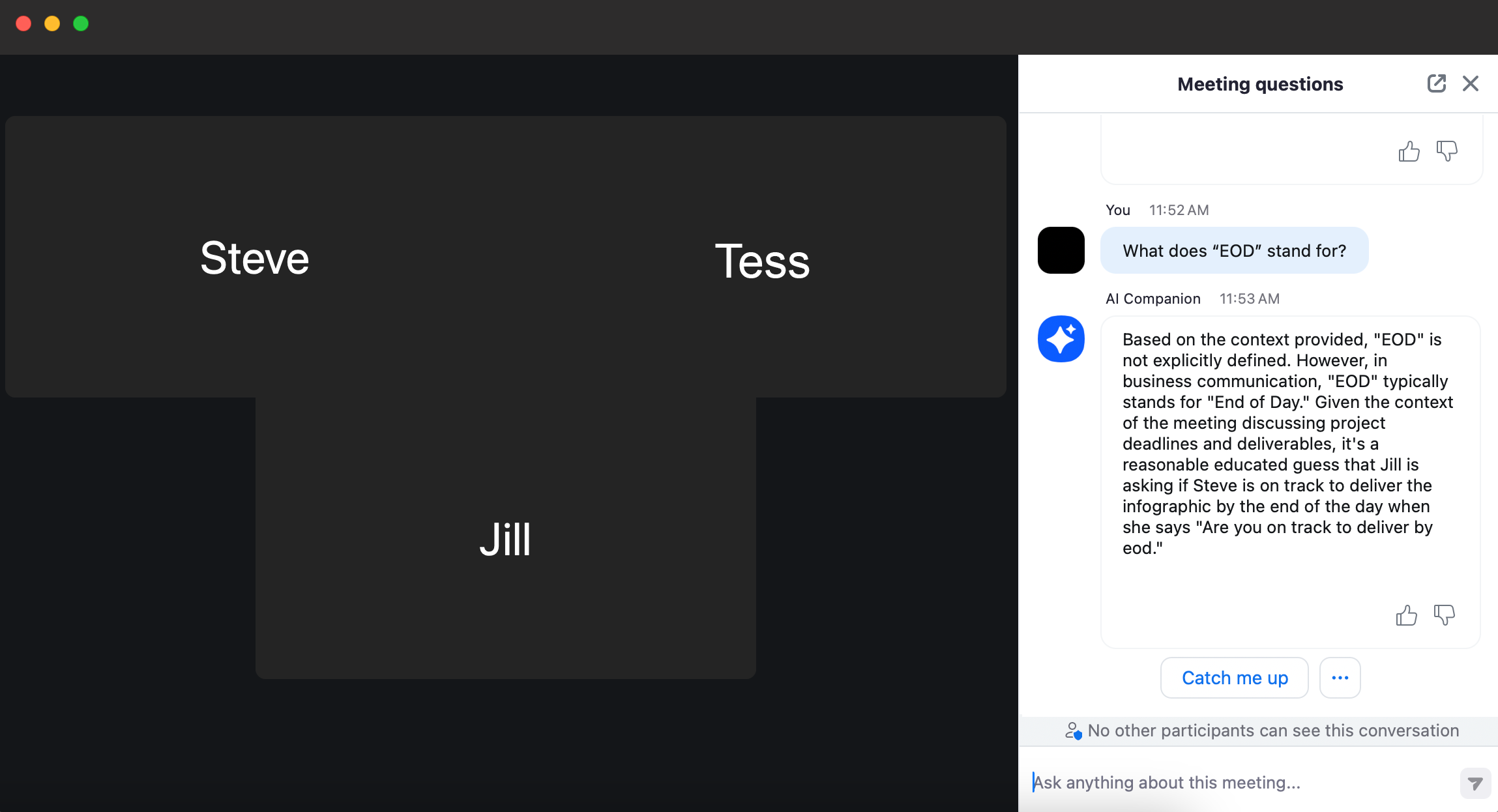 Видеозвонок между тремя коллегами и боковая панель AI Companion, отвечающая на вопросы пользователя
