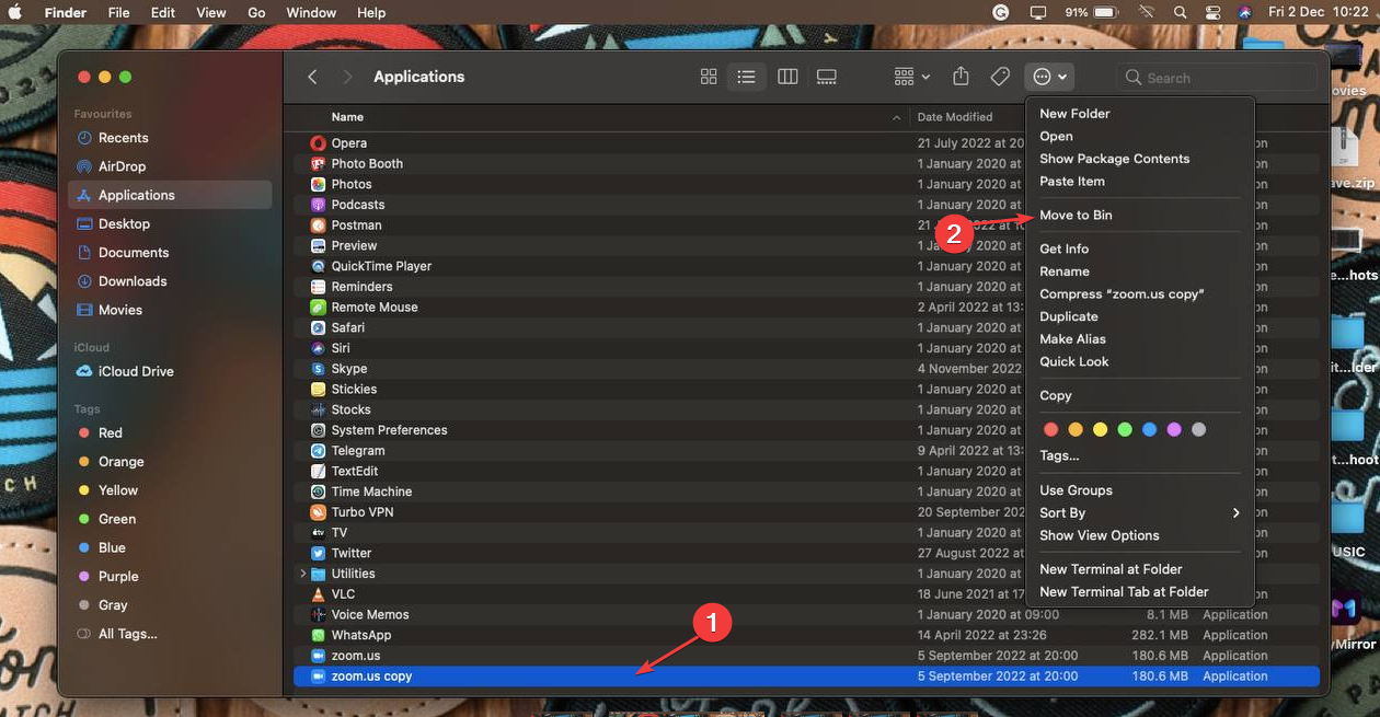 Контекстное меню приложения Zoom: 'Переместить в корзину' на macOS