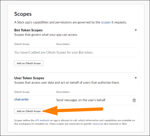 Добавление области chat.write в User Token Scopes