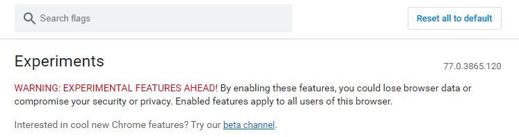 chrome://flags の実験的機能一覧のスクリーンショット