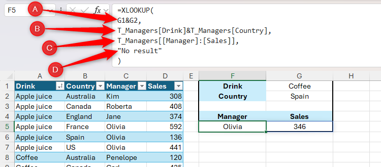 Fórmula XLOOKUP que usa dos valores y matrices concatenadas.