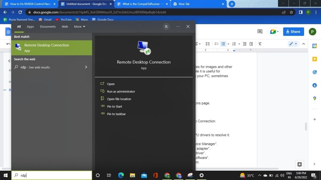 Поиск RDP в меню Windows