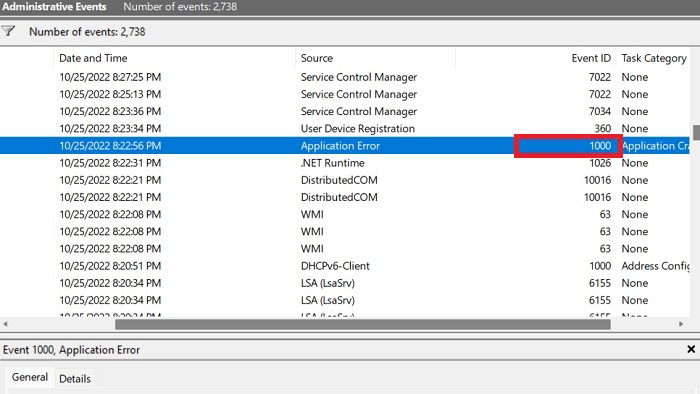 Скриншот Event Viewer с Bucket ID события