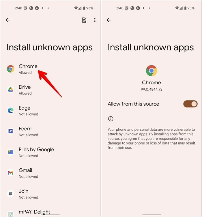 Attivare Permetti da questa fonte per Chrome