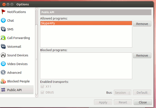 Окно Skype с разделом Public API и опцией для удаления Skype4Py