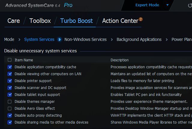 Интерфейс Advanced SystemCare с функцией Turbo Boost для оптимизации автозагрузки и служб