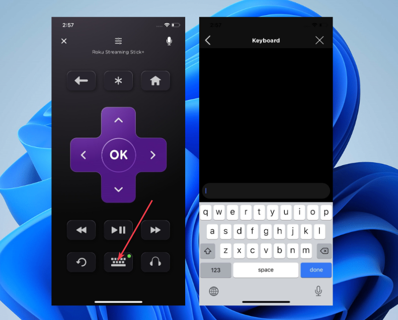 Экран с кнопкой для вызова клавиатуры в приложении Roku