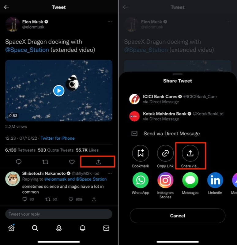 Открытие меню «Поделиться» в Twitter для копирования ссылки на видео