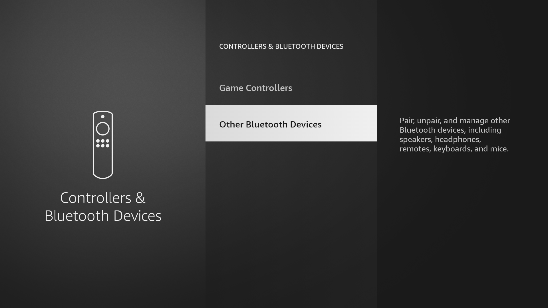 Экран Bluetooth-настроек Amazon Fire TV с выделенным пунктом Other Bluetooth Devices.
