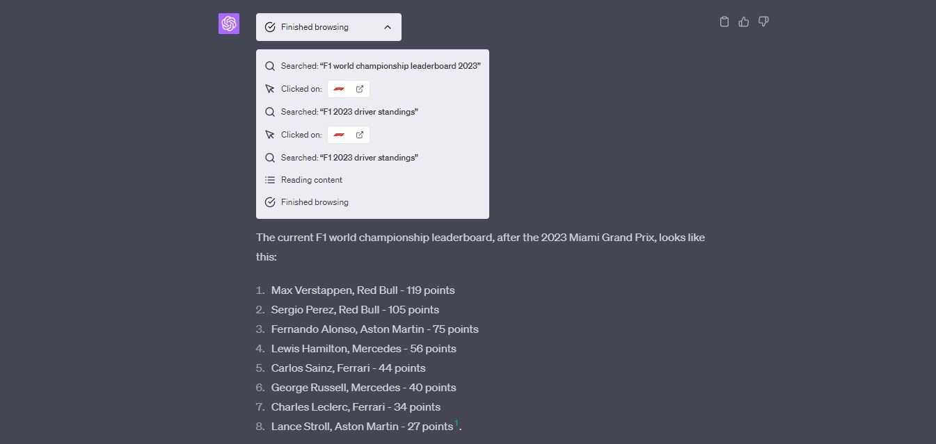 Запрос рейтинга чемпионата мира Формулы‑1, пример вывода с источником