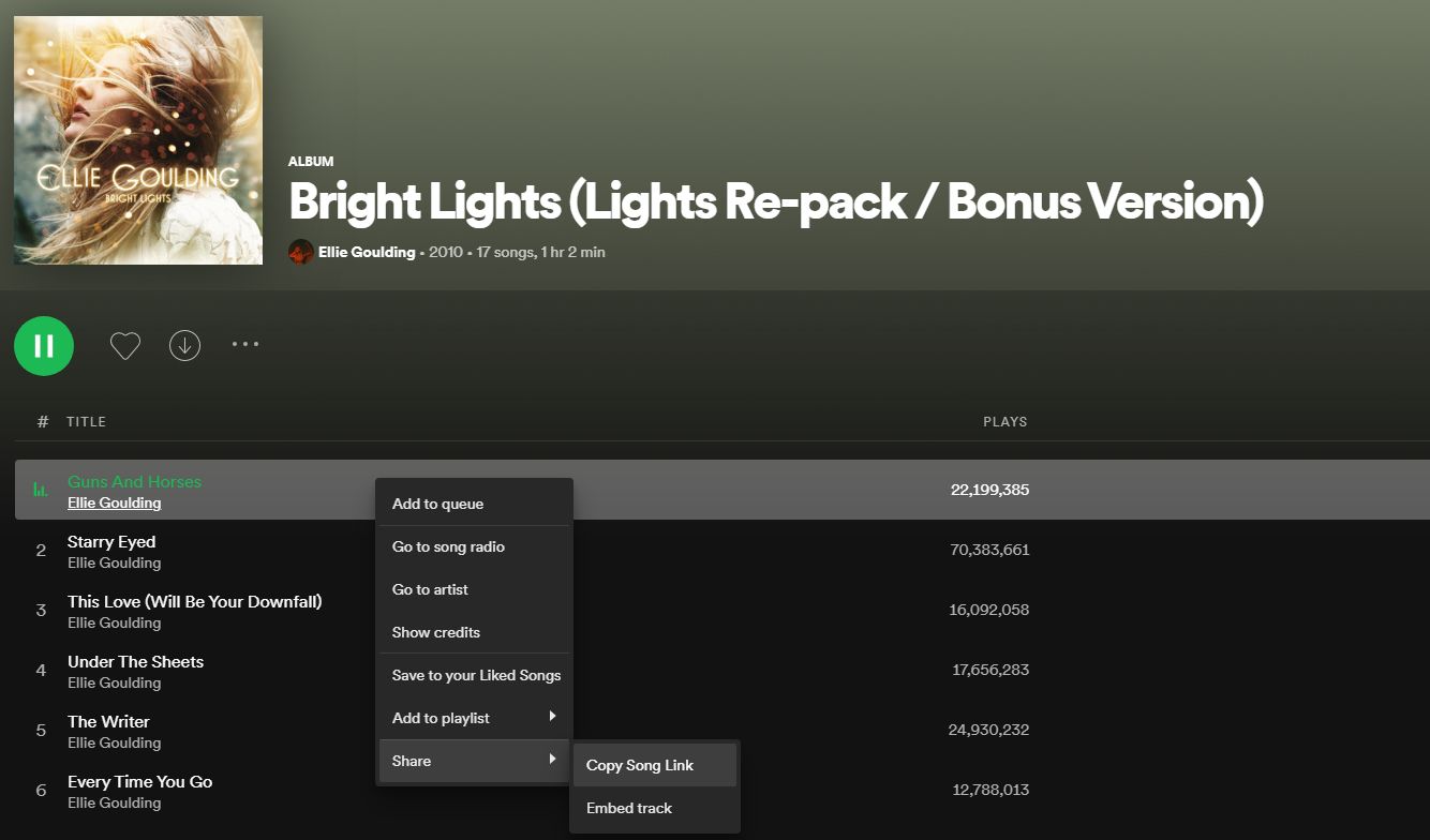 Копирование ссылки на песню в Spotify на компьютере