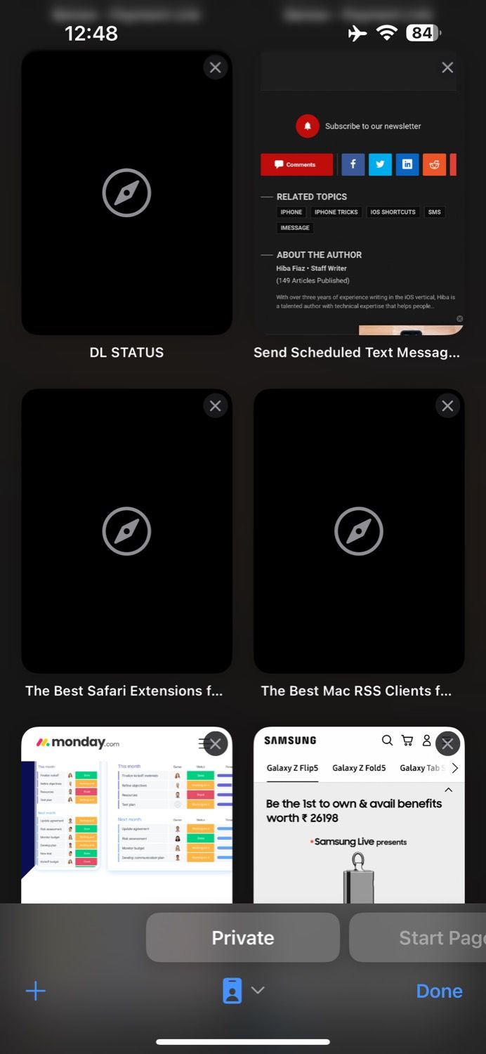Предпросмотр вкладок в Safari