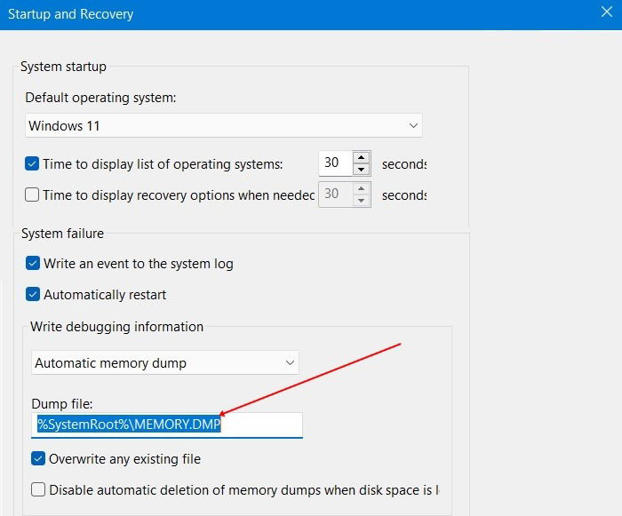 Скриншот настроек Запуск и восстановление и пути дампа