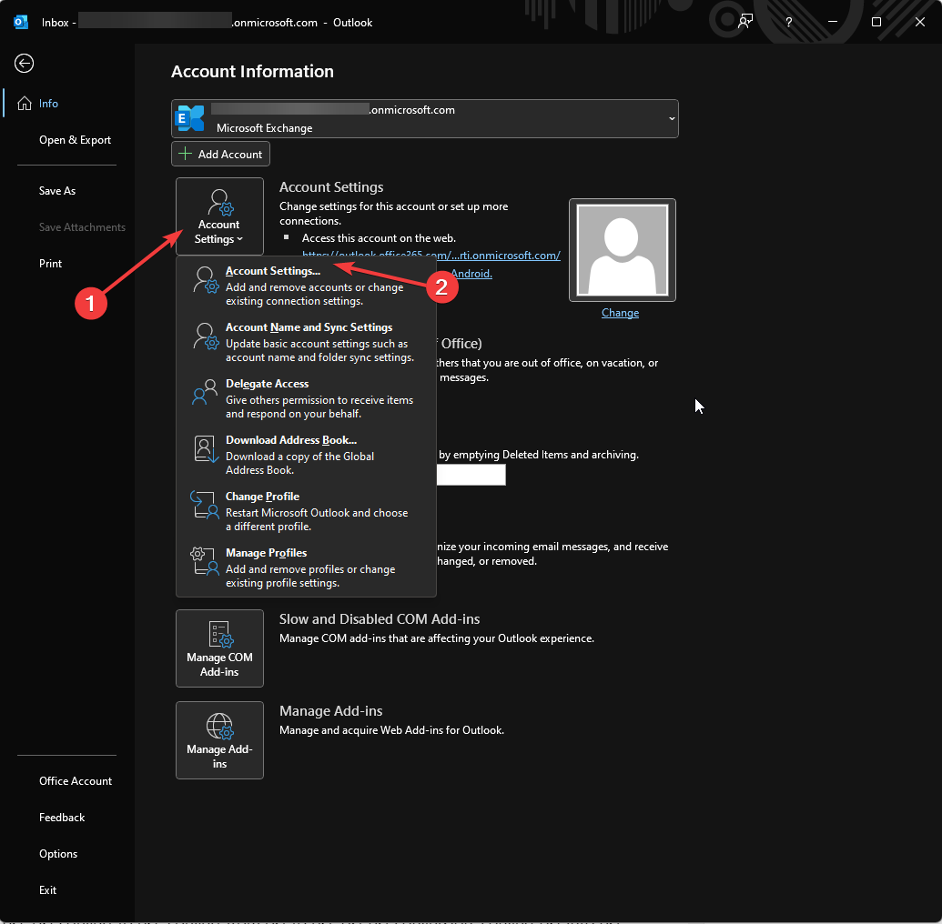Menu Account Settings dans Outlook avec l'option de gestion des comptes