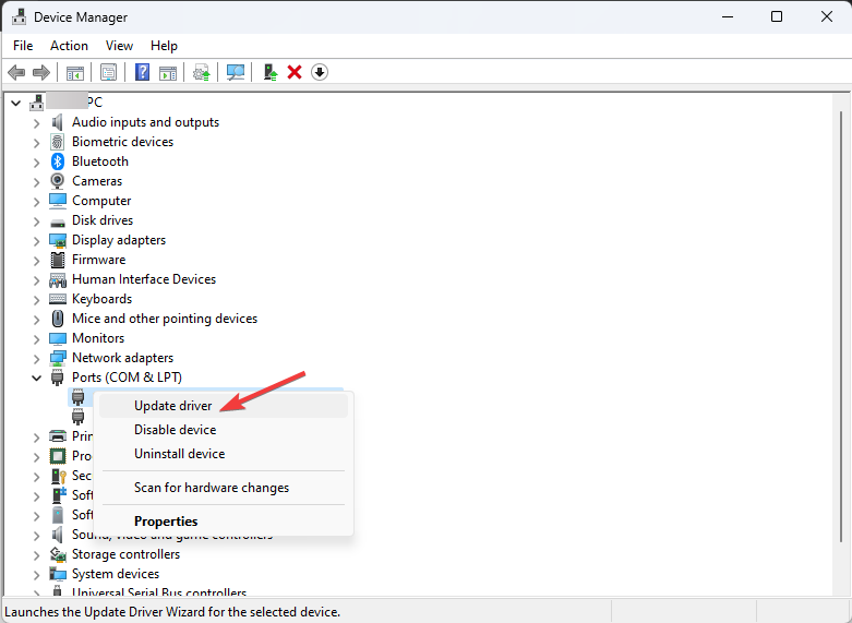 Обновление драйвера для порта в Диспетчере устройств