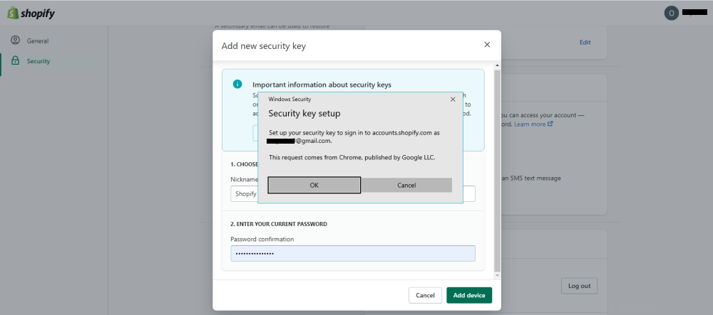 Shopify 2SA Windows Security Key set up