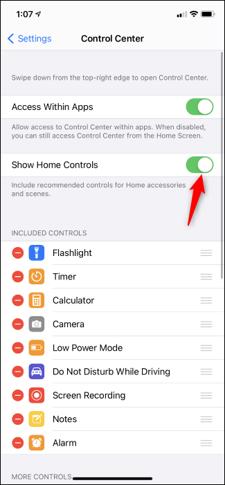 Переключатель отображения элементов Home в настройках iPhone