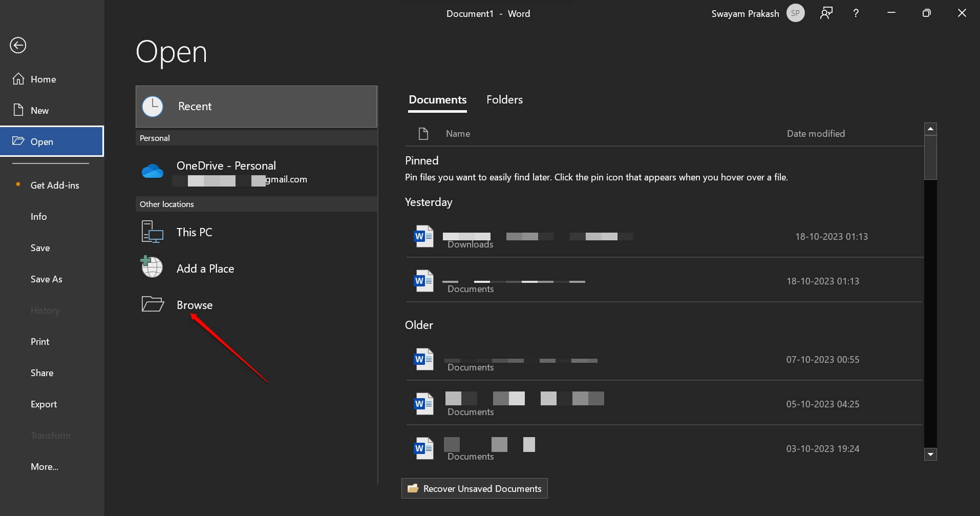 Окно 'Обзор' для открытия файла Word