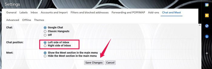 Сохранение изменений настроек Gmail