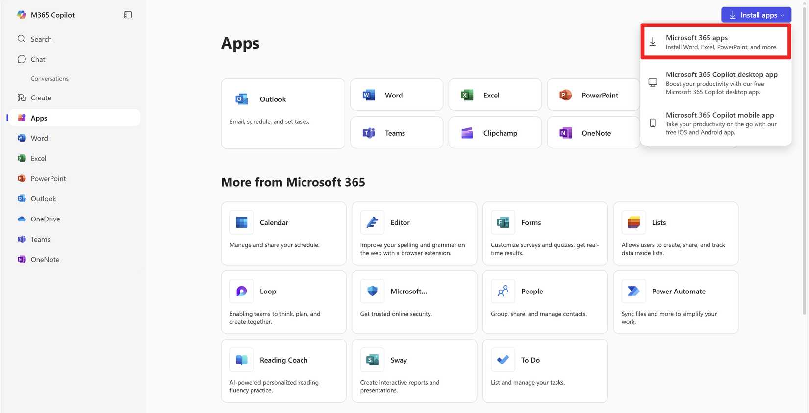 Microsoft Apps Page - Install apps.