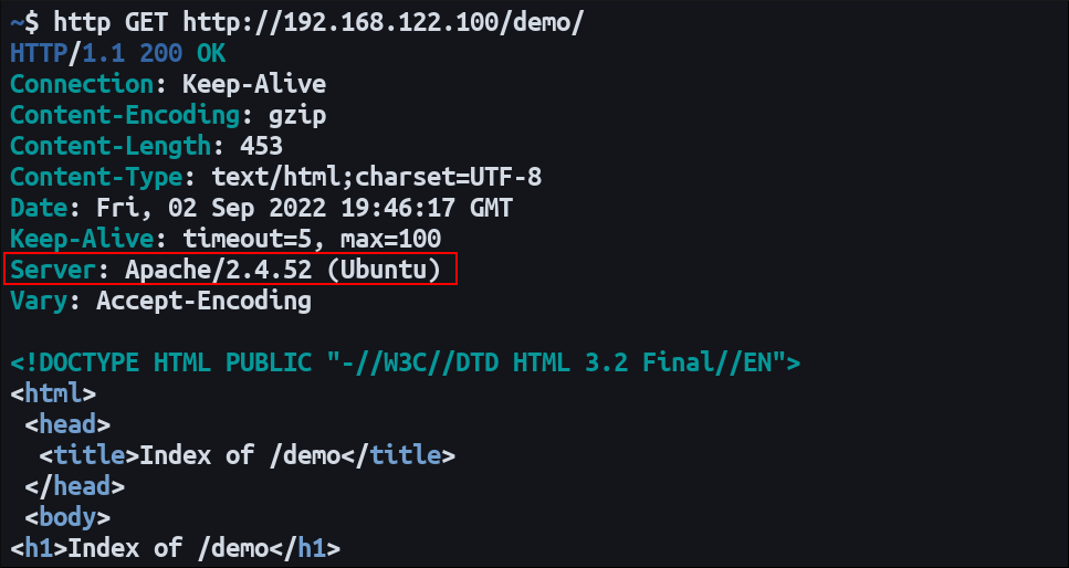 Снимок заголовков ответа Apache с полем Server, включающим подпись