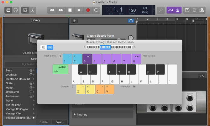 Главное окно GarageBand: библиотека, рабочая область и редактор