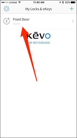 Кнопка отправки eKey в правом верхнем углу экрана приложения Kevo