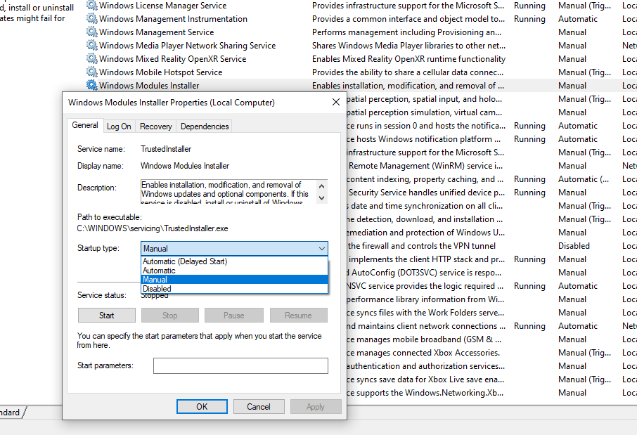 Консоль служб Windows с выделенной службой Windows Modules Installer