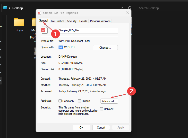 Кнопка Дополнительно в вкладке Общие свойств файла