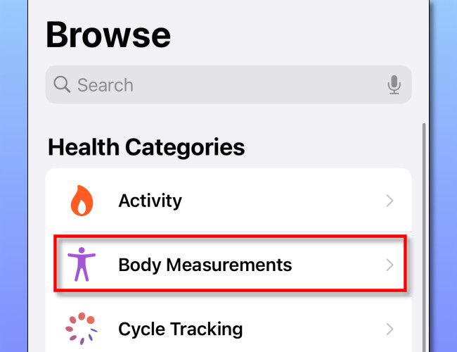 Найдите «Измерения тела», затем «Вес»