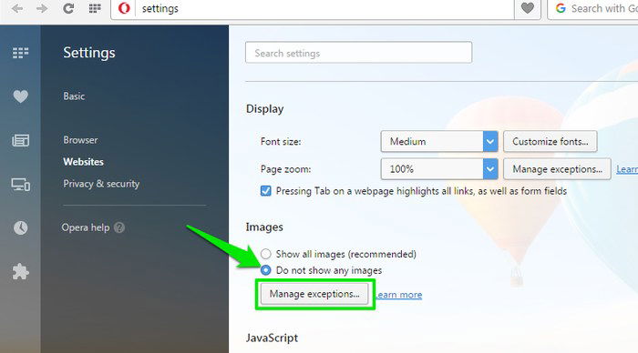 Опция отключения изображений в настройках Opera