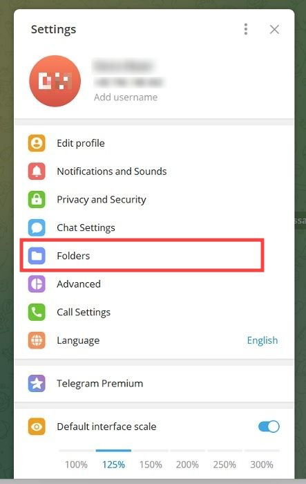 (Опция Папки в Telegram на десктопе.)