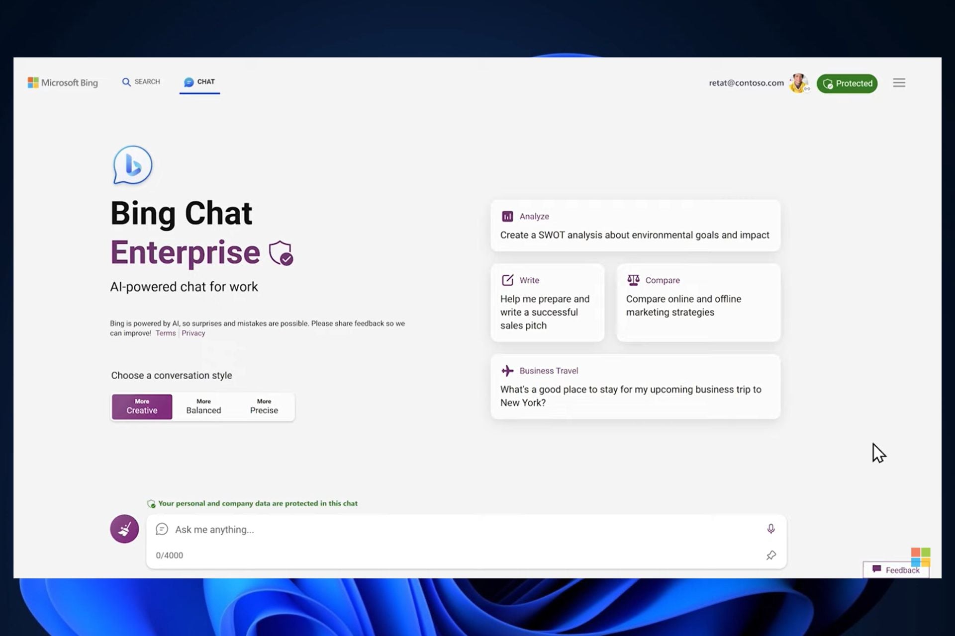 Пример интерфейса Bing Chat Enterprise в корпоративном аккаунте