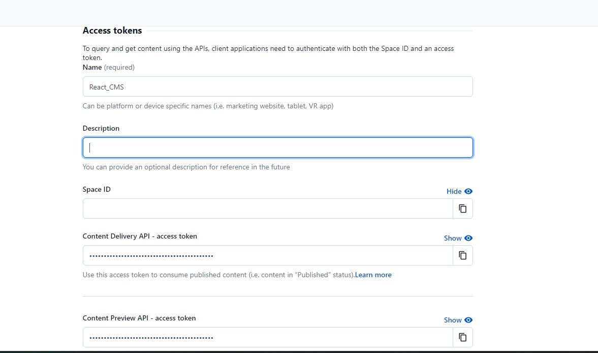 Страница настроек API ключей в Contentful