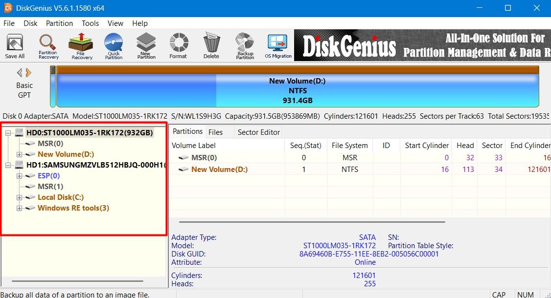 Главный экран DiskGenius с отображением дисков в левой панели.
