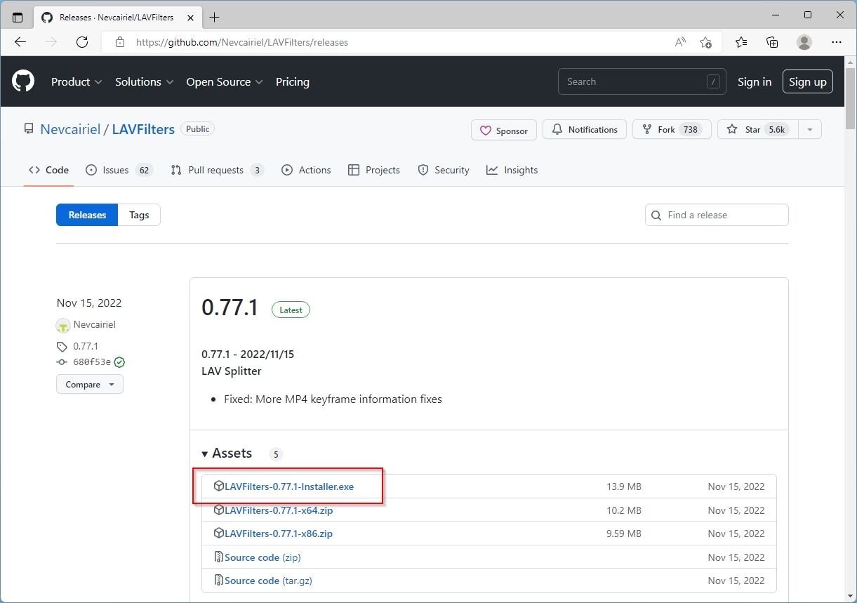 Страница LAV Filters на GitHub с релизами и кнопкой загрузки