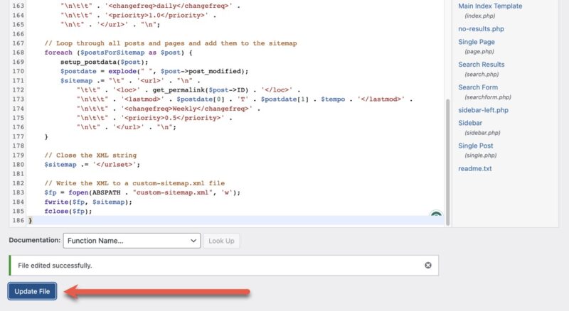 Кнопка «Обновить файл» в редакторе тем WordPress