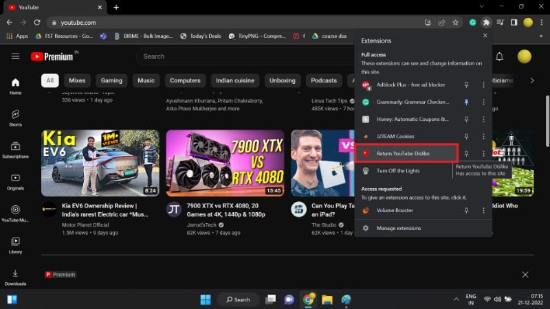 Список расширений с выделенным Return YouTube Dislike