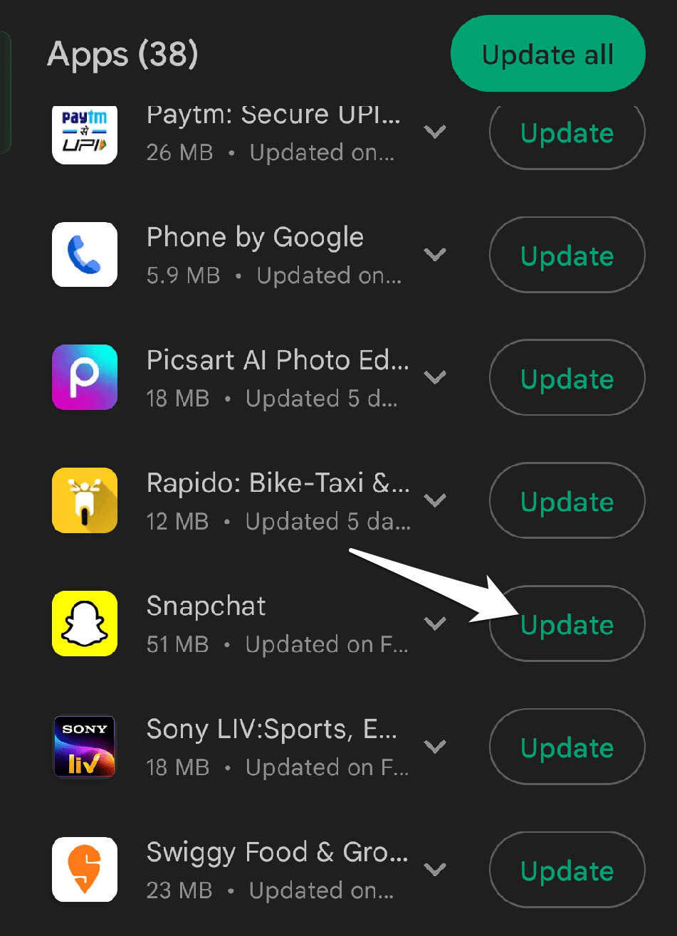 Скриншот: кнопка обновления Snapchat в Play Store