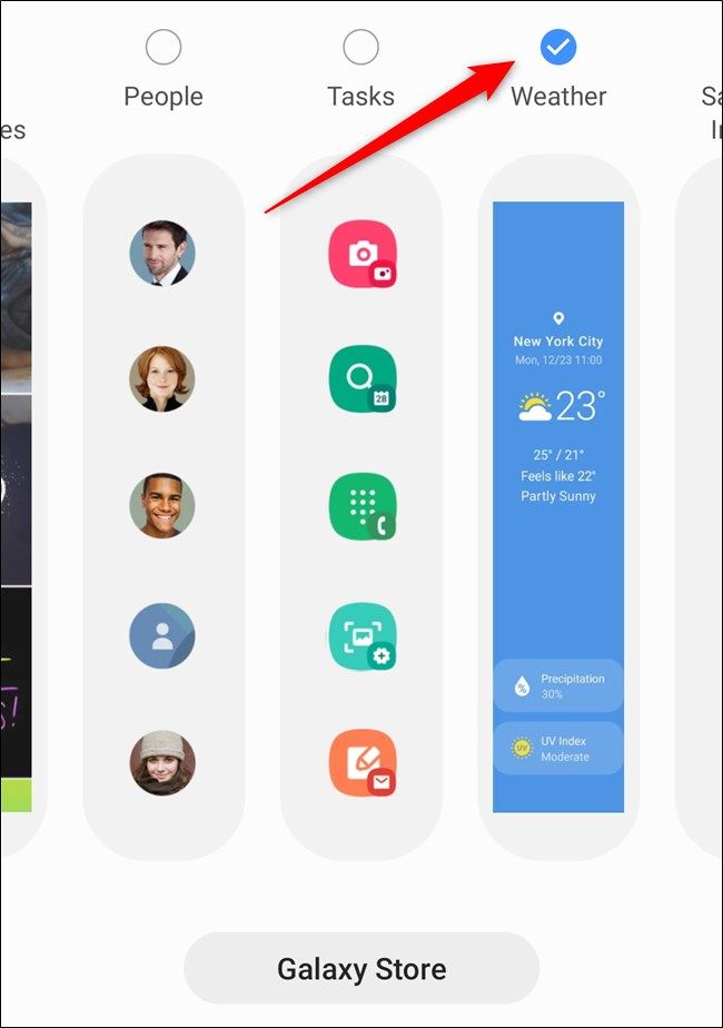 Выбор панелей Edge для добавления на Galaxy S20