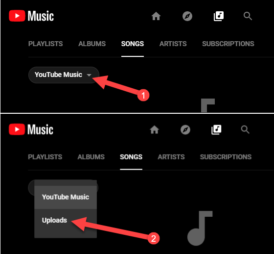 Меню 'Загрузки' в библиотеке YouTube Music