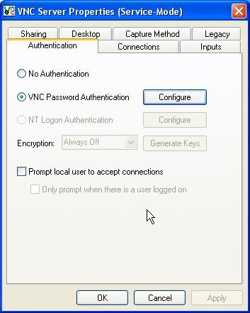 Окно настроек VNC