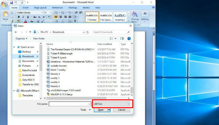 Снимок экрана: выбор всех типов файлов в диалоге Открыть Word