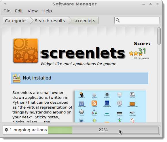 Прогресс установки Screenlets