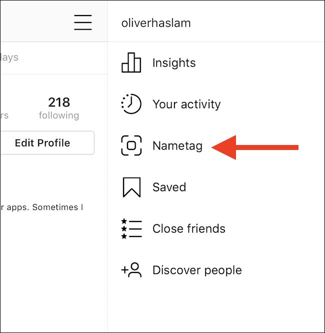 Выбор раздела Nametag в меню Instagram