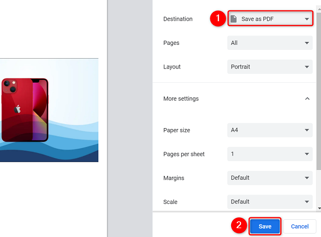 Конфигурация параметров PDF и кнопка Сохранить.