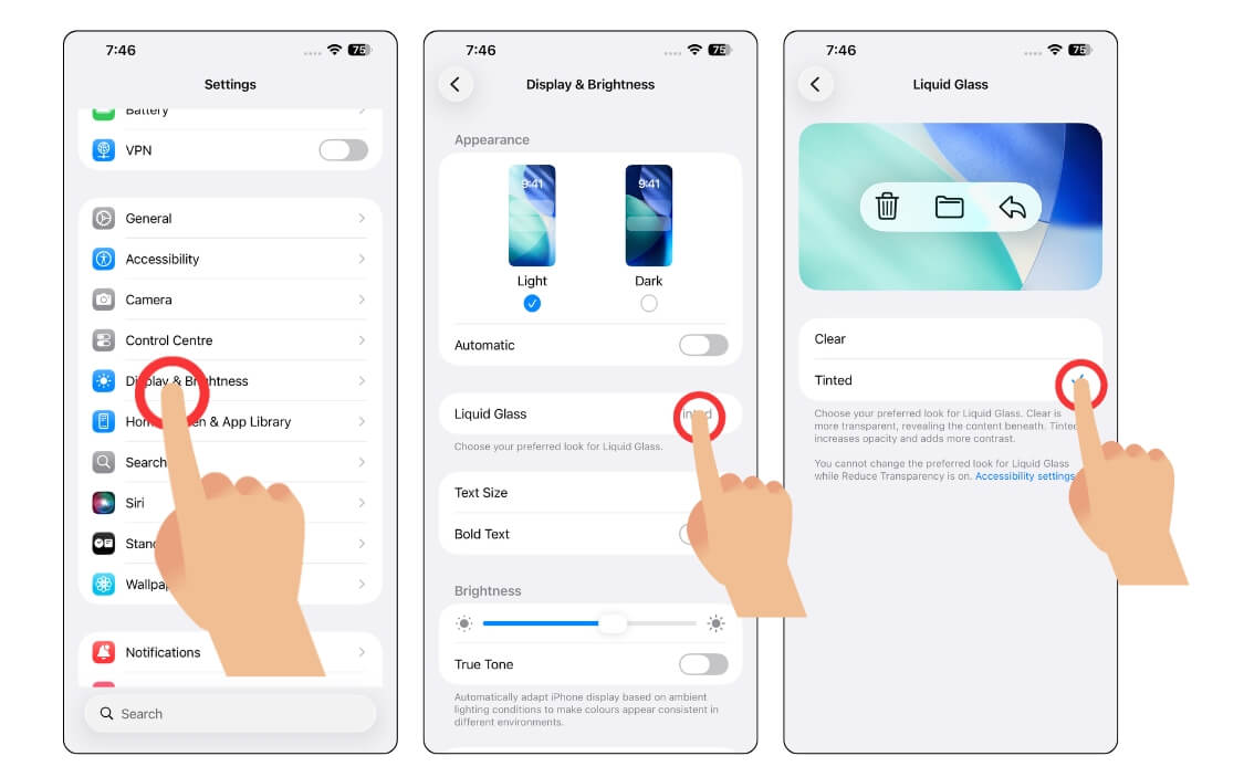 Настройки Liquid Glass — выбор тонированного варианта