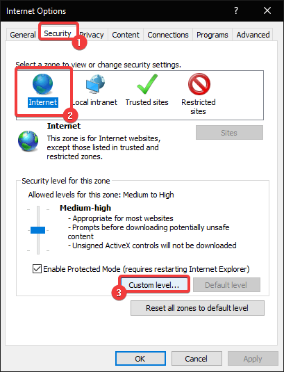 Настройка безопасности для зоны Интернет