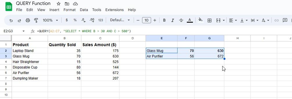Пример множественных условий в QUERY