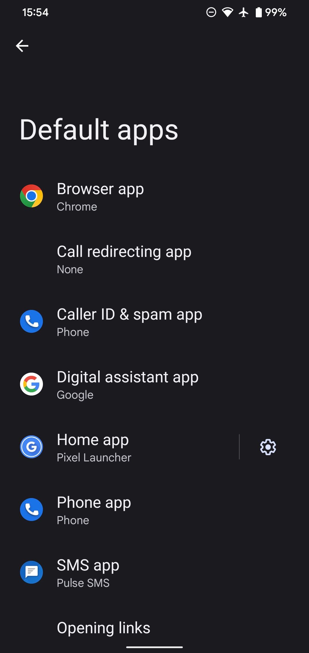 Android Default Apps Menu